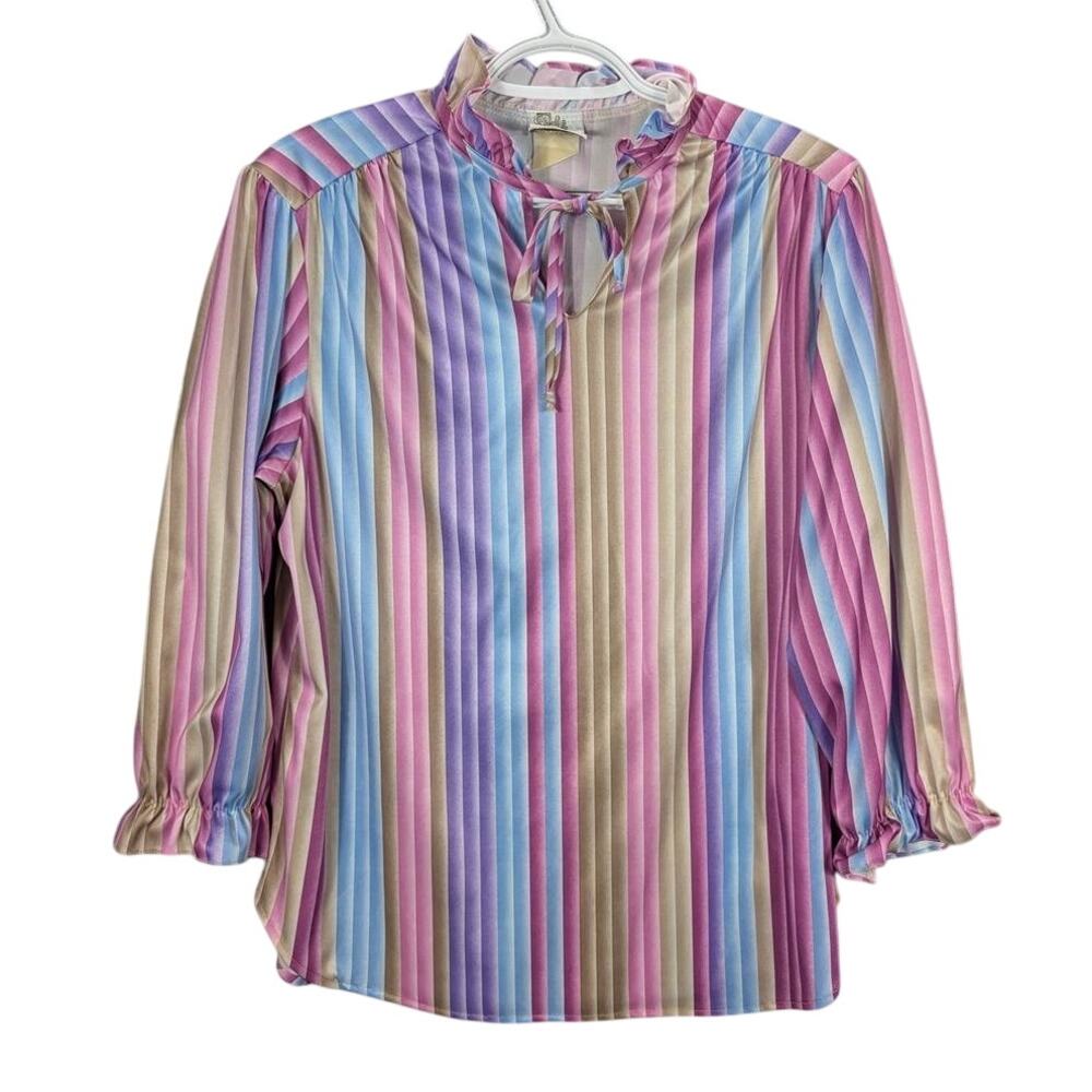 Vintage Style Up Blouse Womens Large Rainbow Striped Long Sleeve Tie Ruffle Neck